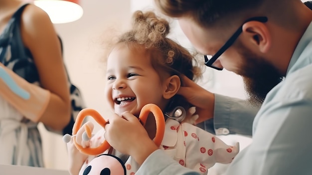 Photo a doctor warmly holds a child's hand wearing a smile their connection reflects trust and care