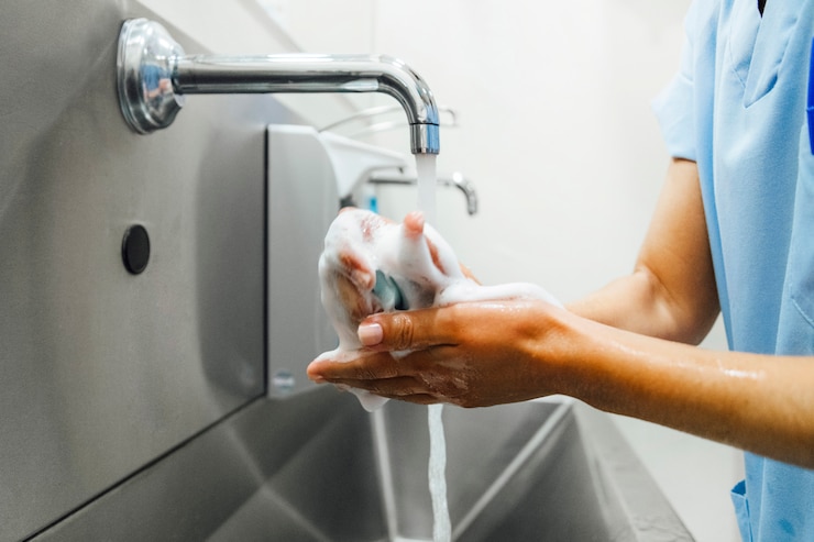 Photo doctor washing hands before operating. hospital concept.