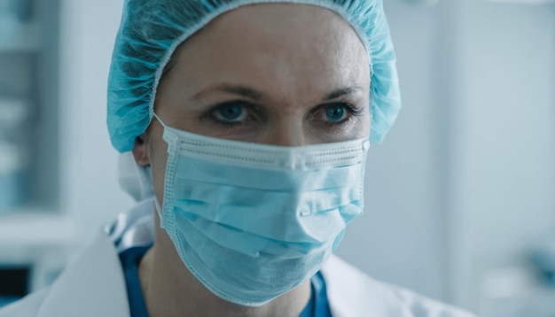 A doctor wearing a blue mask and a blue hat