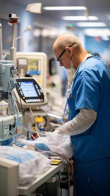 Doctor wearing blue scrubs and glasses works on a patient in the ICU