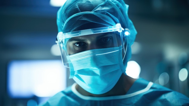 Doctor wearing a protective mask prepares for surgery