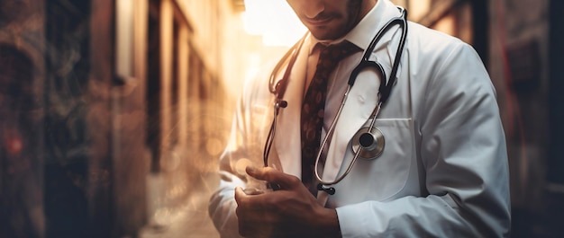 Doctor wearing white coat and holding a stethoscope