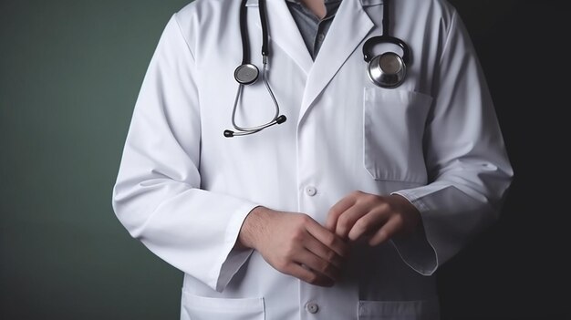 A doctor wearing a white coat and stethoscope closeup photo