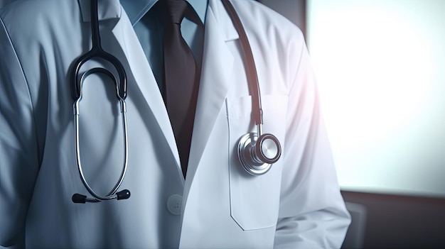 A doctor wearing a white coat and stethoscope stands in front of a window.