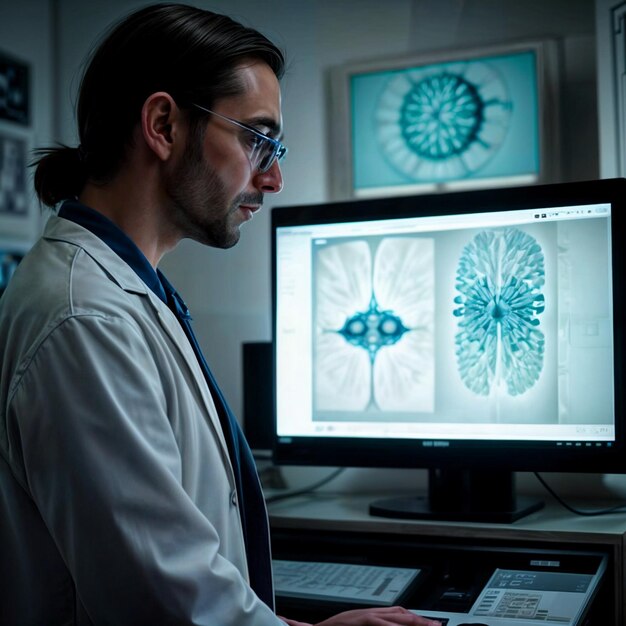 A doctor wearing a white hat and glasses is looking at a screen on a wall