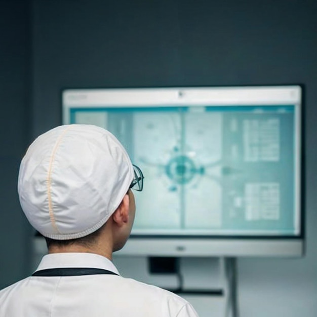 A doctor wearing a white hat and glasses is looking at a screen on a wall