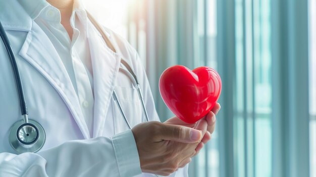 A doctor wearing a white lab coat is holding a heartshaped object symbol of love generative ai