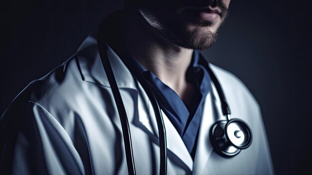 A doctor wearing a white lab coat with a stethoscope on his neck.