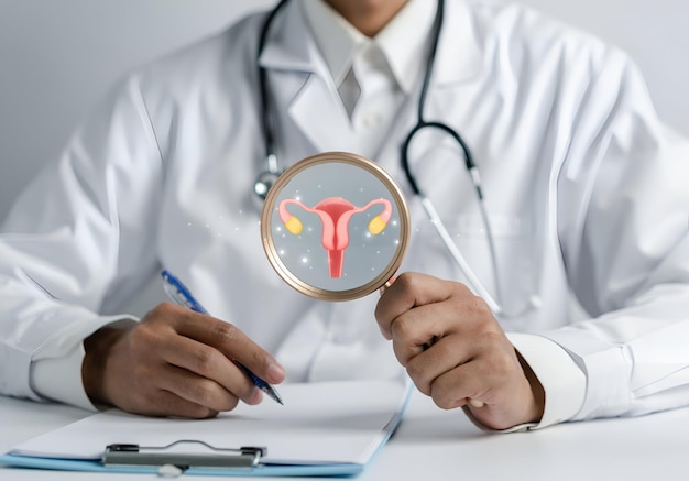 Doctor in a white coat checkup uterus reproductive system womens health PCOS ovary cancer treatment and examine Healthy feminine