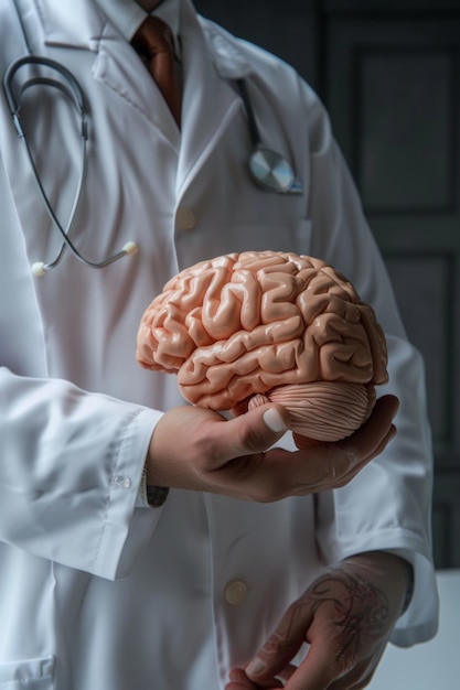 Photo a doctor in a white coat holding an digital virtual human brain