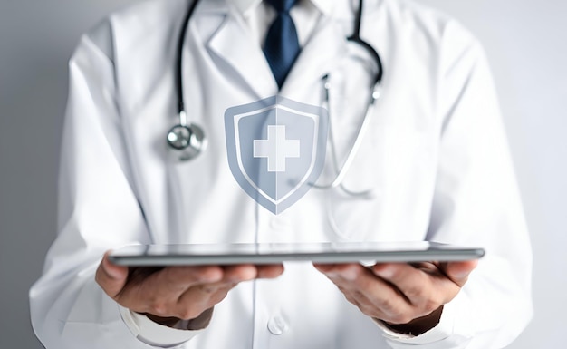 Doctor in white coat holding plus sign for assurance healthcare insurance symbol concept Mental health care medical check up concept