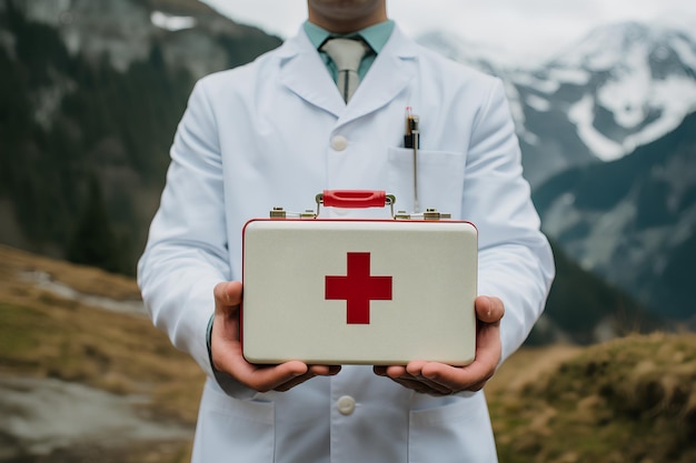 Photo doctor in white coat holding up emergency first aid box