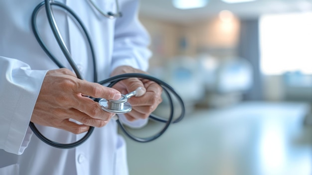 A doctor in a white coat is holding a stethoscope in a hospital