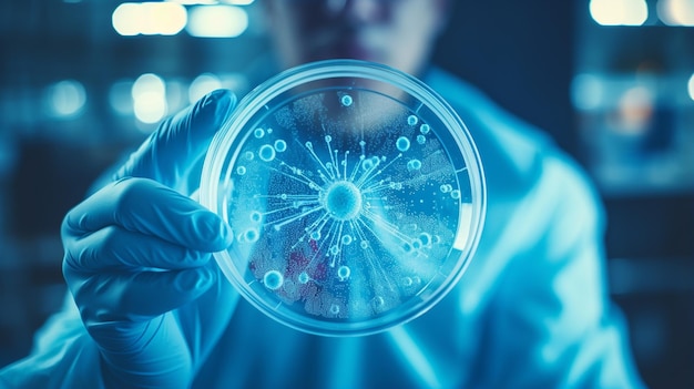 a doctor in a white coat looks into a petri dish with germs