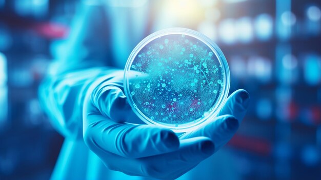 a doctor in a white coat looks into a petri dish with germs