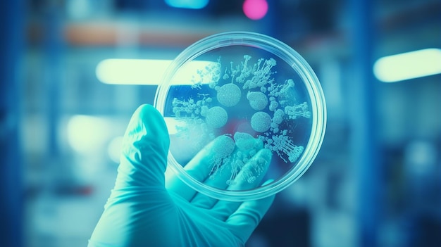 a doctor in a white coat looks into a petri dish with germs