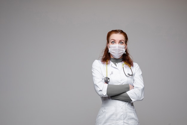 Doctor in white coat and mask shocked.