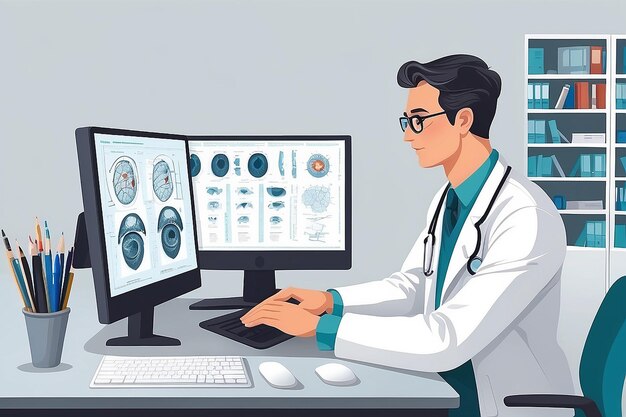 Doctor in White Coat Sit at Table near Computer Reception at Ophthalmologist Check Eyesight Health Care Doctor Ophthalmologist Vector Illustration Man Doctor Doctor Working at Computer