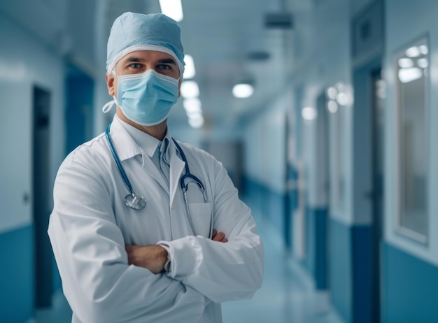  코트 와 스테토스코프 를 입은 의사 가 잘 조명 된 현대 병원 복도 에서 자신감 있게 서 있다.