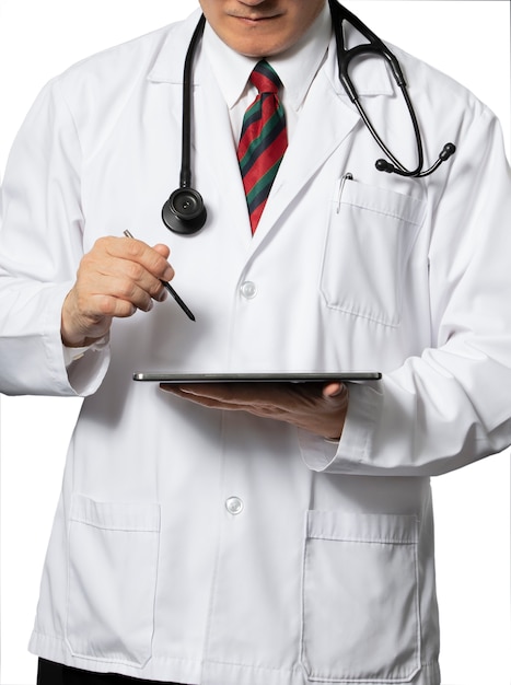 A doctor in white gown with a tablet