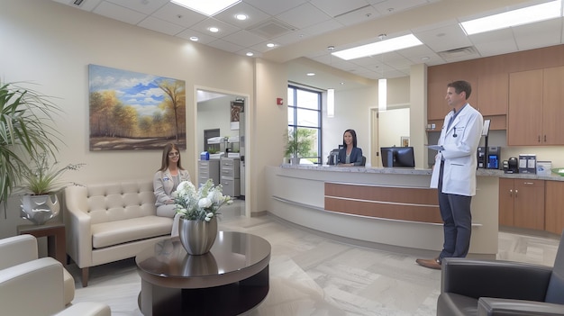 Photo doctor in white lab coat at reception desk