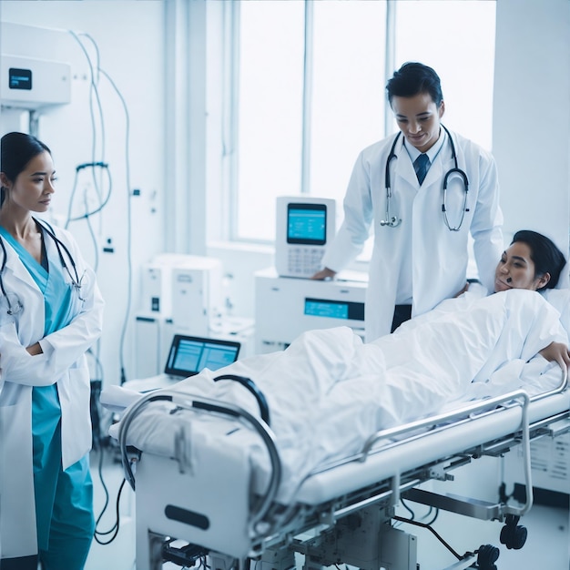 A doctor in a white lab coat stands in a sterile hospital room