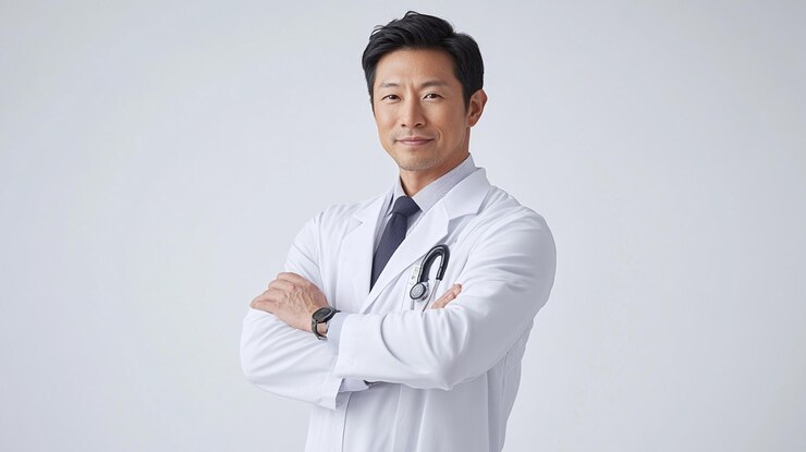 Photo 색 실험실 코트 를 입은 의사 가 팔 을 고 서 있다