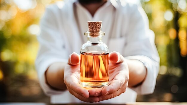 a doctor in white medical overall holds a bottle with organic oil