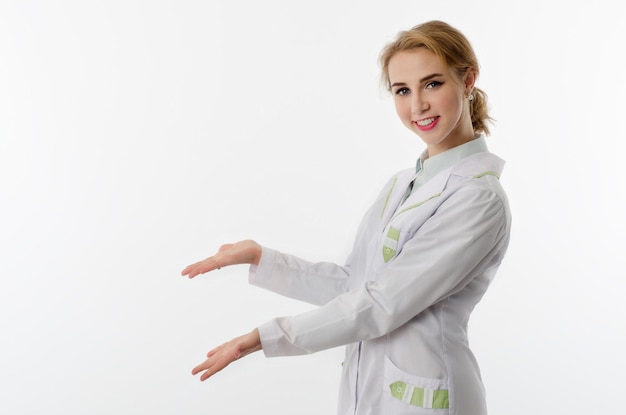 Doctor in white suit on white background