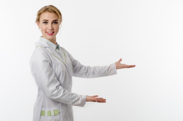 Doctor in white suit on white background