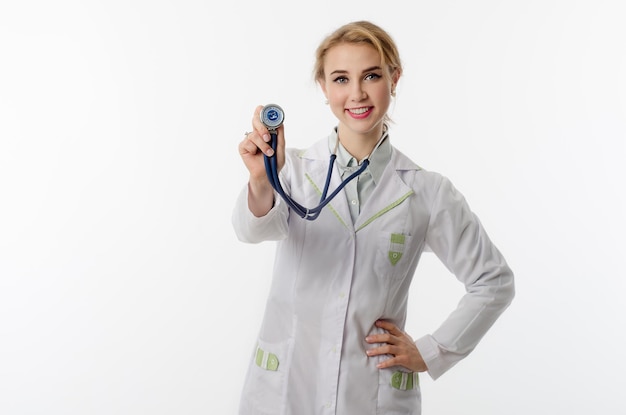 Doctor in white suit on white background