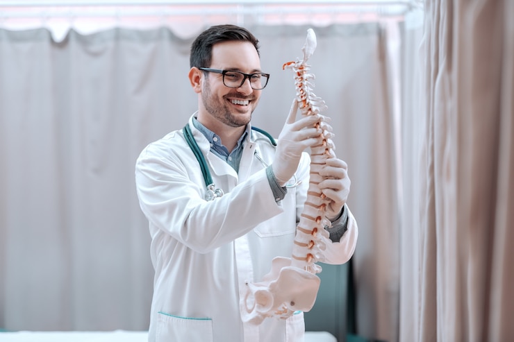 Photo doctor in white uniform holding spine model.