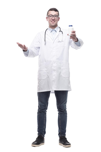 Doctor with antiseptic in hand isolated on a white