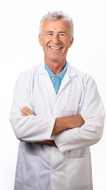 a doctor with a blue shirt and a white lab coat