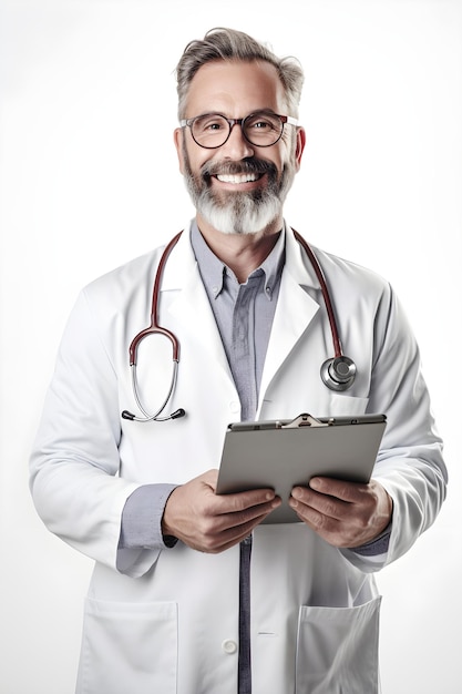 A doctor with a clipboard and a stethoscope smiles at the camera.