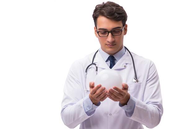 Doctor with crystal ball isolated on white