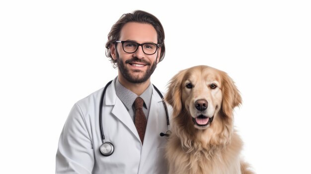 Doctor with dog for pet health checkup on white background