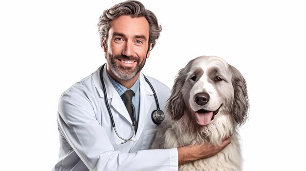 Doctor with dog for pet health checkup on white background