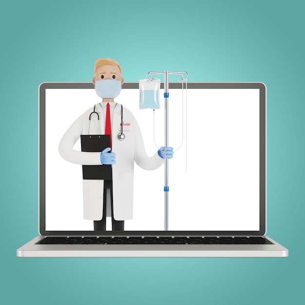 Doctor with dropper on the laptop screen. Toxicology, intoxication, decontamination. Internet doctor. 3D illustration in cartoon style.