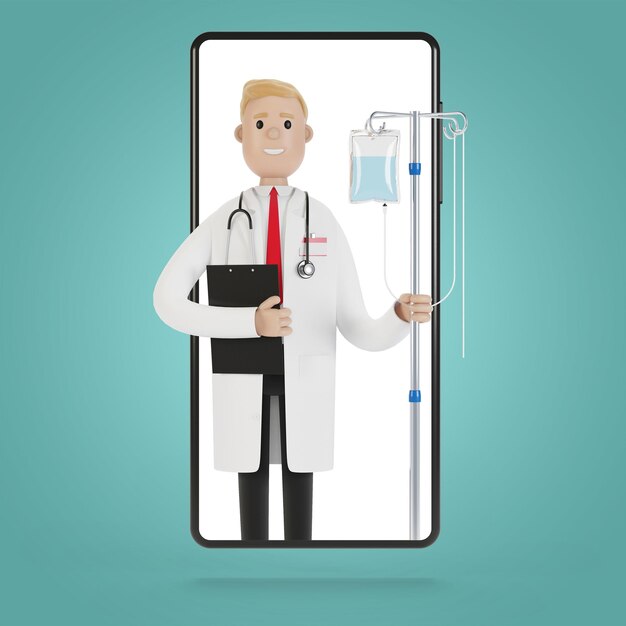 Doctor with a dropper in the smartphone screen. Toxicology, intoxication, decontamination. Online doctor. 3D illustration in cartoon style.