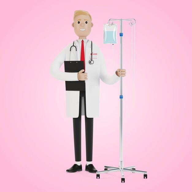 점 적기와 의사입니다. 독성학, intexication, 오염 제거. 건강 관리 개념입니다. 의료 장비. 만화 스타일의 3D 그림입니다.