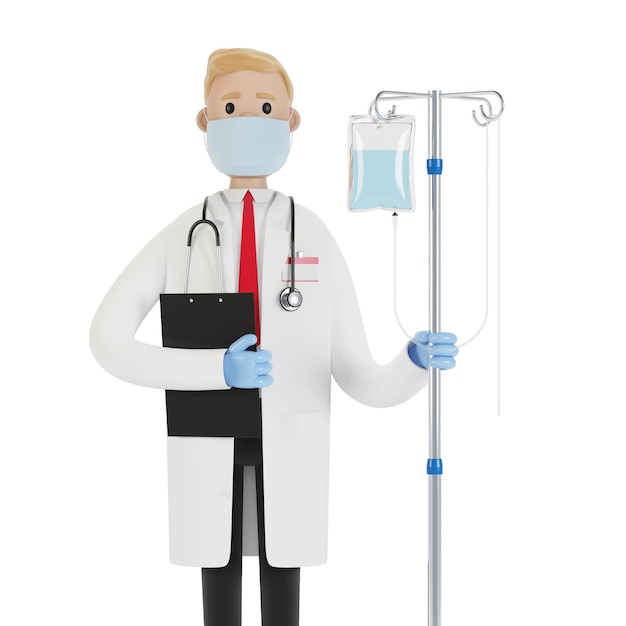 スポイトを持った医師毒物学汚染除去ヘルスケアの概念医療機器漫画風の3Dイラスト