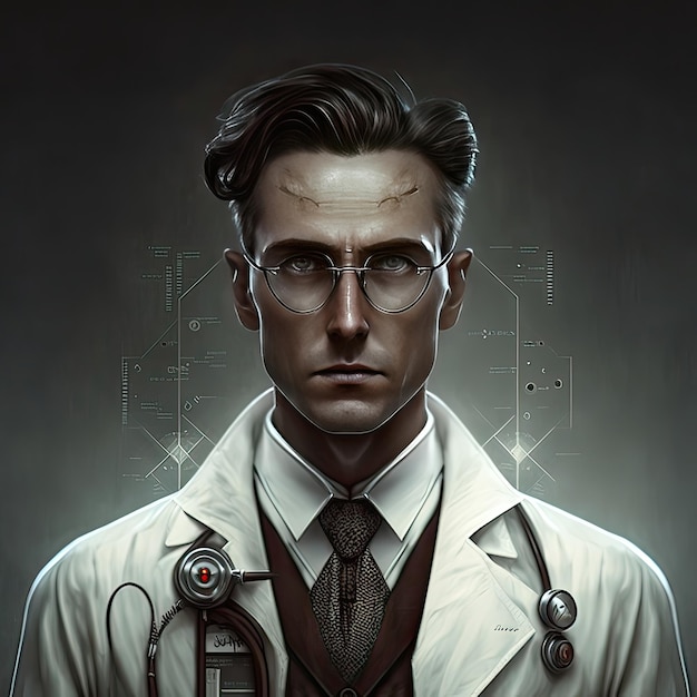 Doctor with drops of blood on his forehead in a white coat Medicine treatment gloomy atmosphere hospital nonexistent person high resolution art generative artificial intelligence