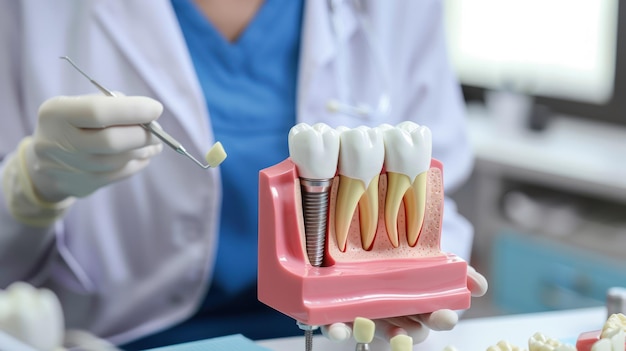 Doctor with an educational model of dental implant consulting patients in the clinic dentistry concept