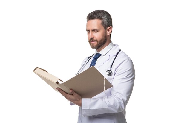 Photo doctor with folder doctor isolated on white doctor read medical record