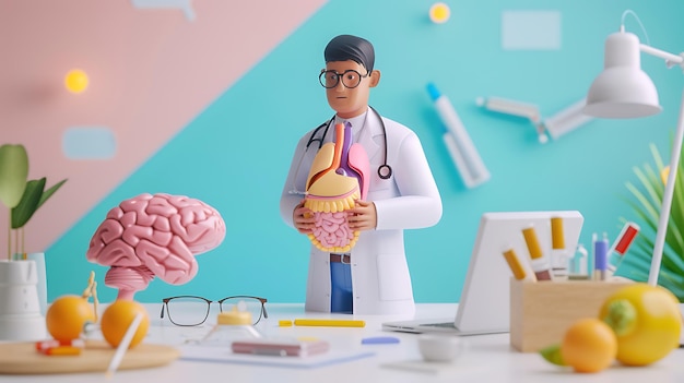 Foto un dottore con gli occhiali e uno stetoscopio in cima alla testa
