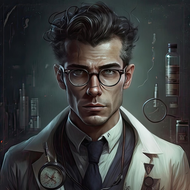 A doctor with green eyes in a white coat Medicine treatment gloomy atmosphere hospital nonexistent person high resolution art generative artificial intelligence