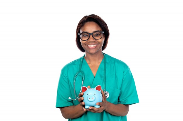 Photo doctor with green uniform and a monye box