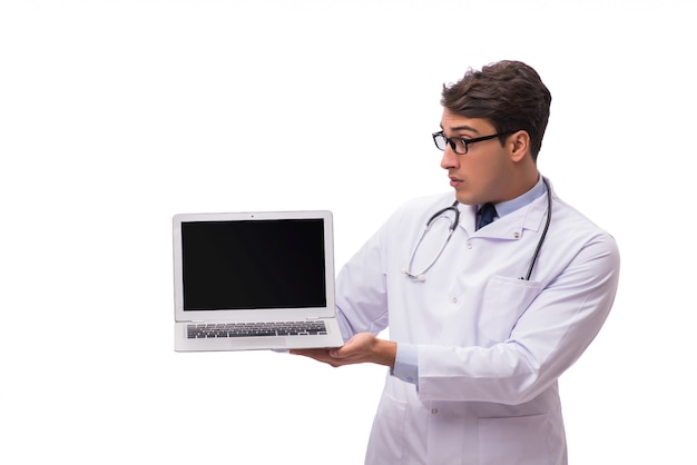 Doctor with laptop isolated on white