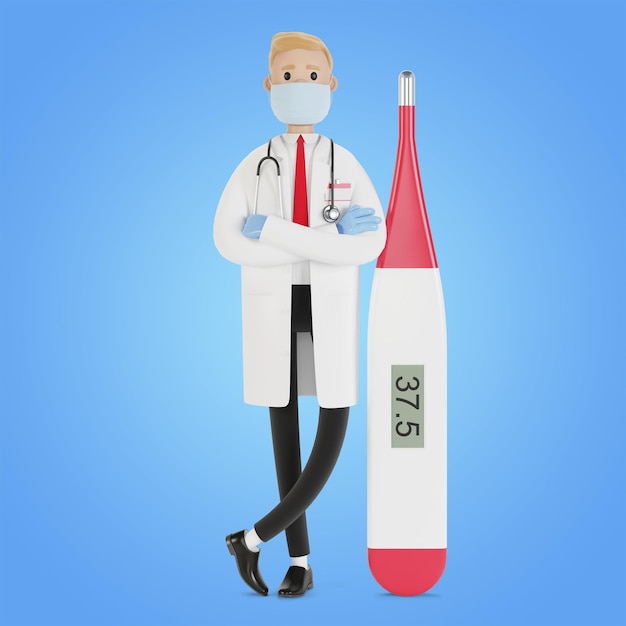 Doctor with a medical thermometer. Template for cold symptoms. Increased heat. Health care concept. Diagnostic equipment. 3D illustration in cartoon style.